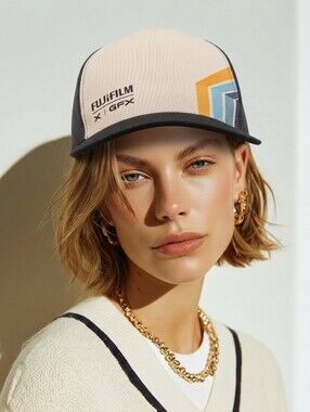 Fujifilm Trucker Cap in Cream and Black with Orange & Blue Accents